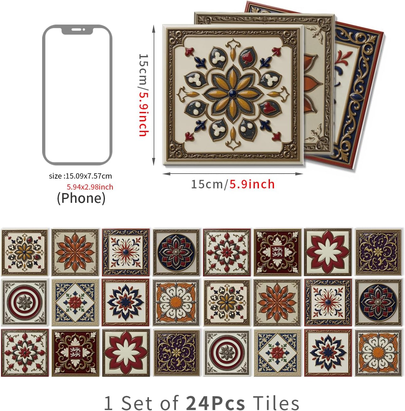 Peel and Stick Backsplash Tile Sticker for Kitchen and Bathroom Walls - 24 Removable 5.9"x5.9" Tiles, Waterproof