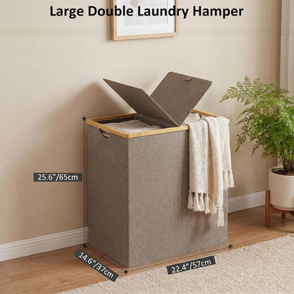 efluky Laundry Hamper with Lid, Trio Laundry Basket with 2 Removable Bags, 3 Section Laundry Bin with Bamboo Handles for Bathroom, Bedroom & Laundry Room, 160L (42.3 Gallon) Beige