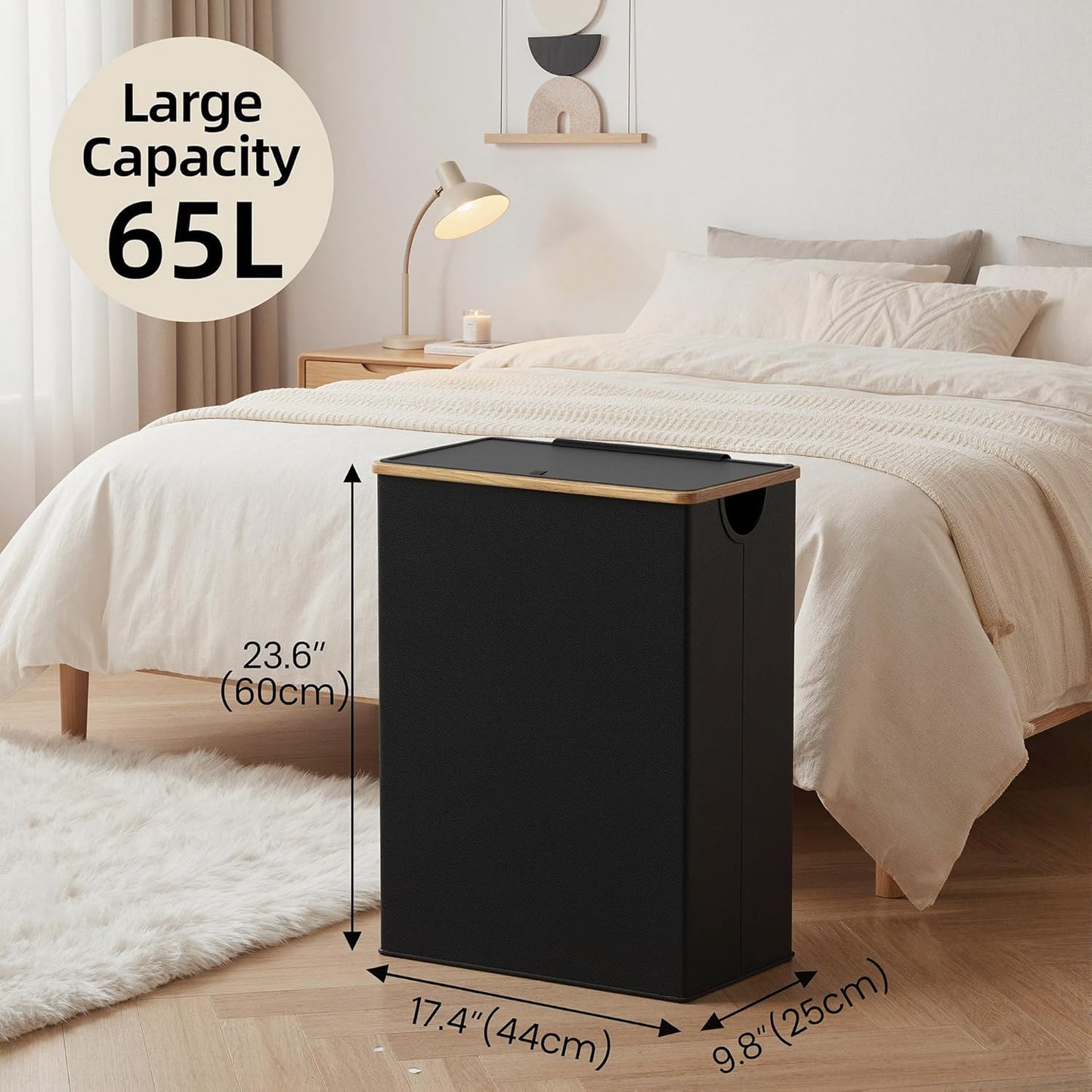 efluky Slim Laundry Basket with Lid, Narrow Laundry Hamper with Removable Bag, Skinny Dirty Clothes Basket with Bamboo Handles for Bathroom, Bedroom & Laundry Room, 75L Beige