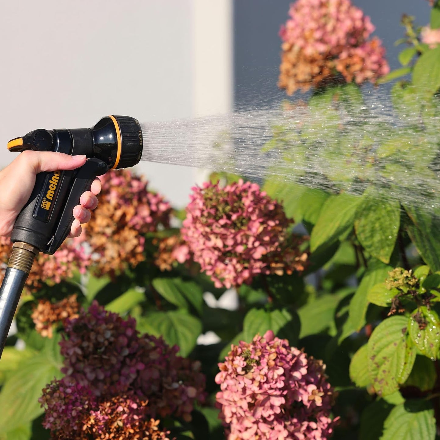 Melnor 65020-AMZ Metal Multi-Pattern Hose Nozzle with Rear Trigger Grip, 7 Spray Patterns, Heavy-Duty Metal Construction, Quick Connect Adapter, Black, Orange