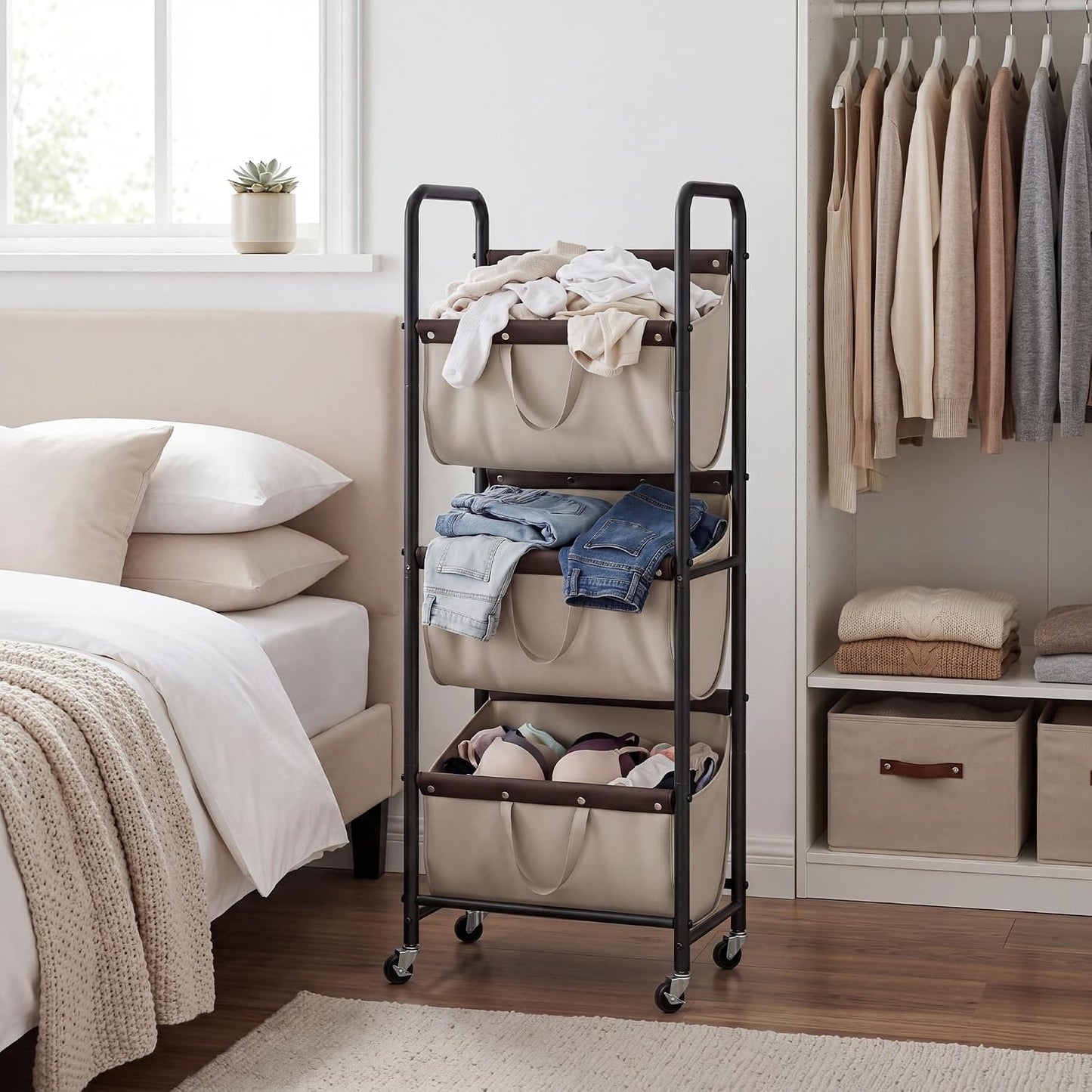GRANNY SAYS 3 Section Tiered Laundry Sorter, Slim Vertical Laundry Hamper with Wheels, Narrow Rolling Laundry Cart with Removable Bags for Laundry Room, Bathroom, Closet, Dorm, Beige