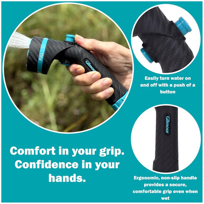 Gilmour Heavy Duty Garden Hose Nozzle, Swivel Connect, 5 Spray Patterns, Ergonomic Grip, Flow Control, Trigger Lock, Button Control