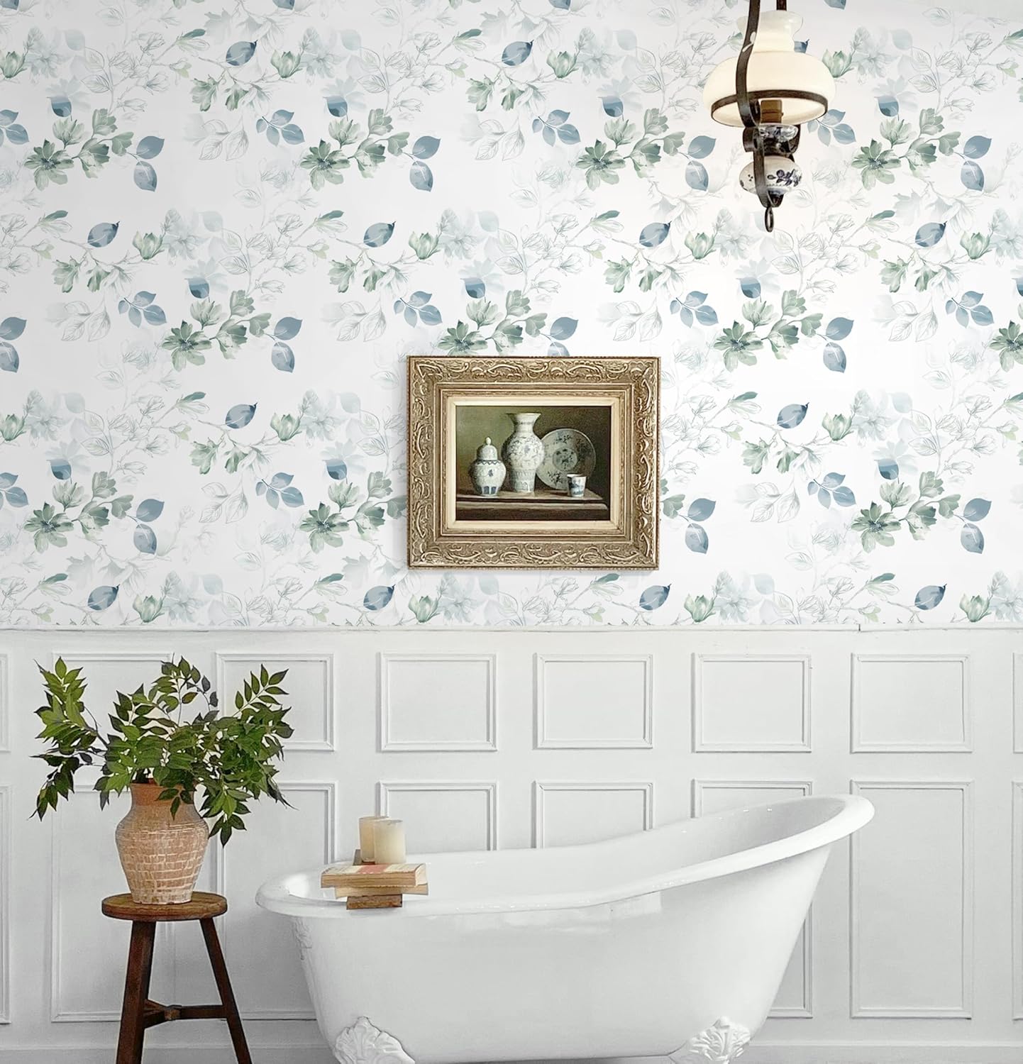 Safiyya Peel and Stick Wallpaper Floral Green and White Leaf Contact Paper for Cabinets 17.3"x 78.7" Self Adhesive Removable Wallpaper for Bathroom Renter Friendly Wall Paper Vinyl Roll