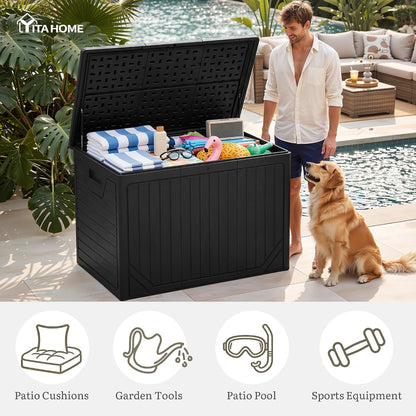YITAHOME 100 Gallon Large Outdoor Deck Box | Waterproof Resin Storage Box, Lockable Indoor Outdoor Storage Container for Patio Furniture Cushions, Pool Accessories