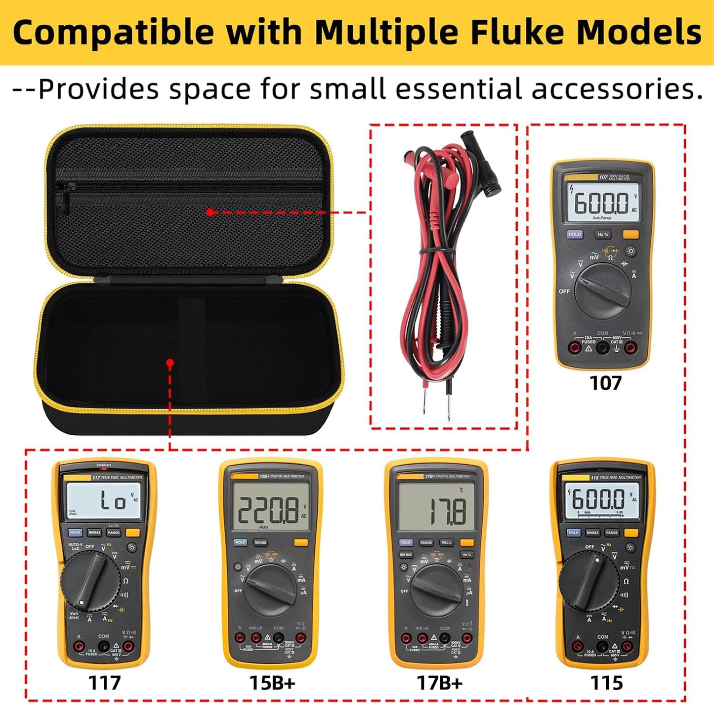Carrying Case for Fluke 15B+/17B+/Fluke 101/117/115/116/114/113/177/179/233/106/107 Multimeter Testers and Accessories, Multimeter Storage Bag Organizer Box -Black (Case Only)