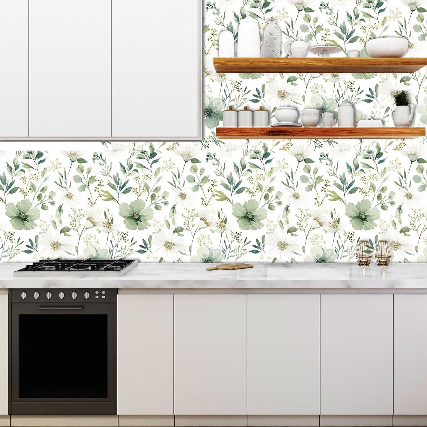 Sage Green Floral Peel and Stick Wallpaper Self Adhesive Removable Modern for Bedroom Accent Wall Renter Friendly Thick Watercolor Natural Flower Wallpaper 17.7" x 118"