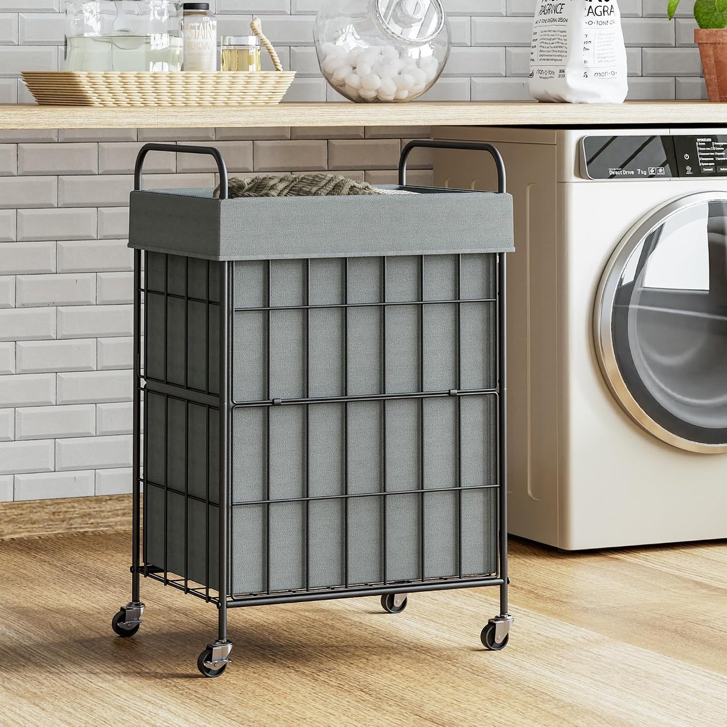 2 Section Laundry Hamper with Wheels and Brake, 100L Laundry Sorter Cart with 2 Removable Liner Bags, Metal Handle, Rolling Laundry Basket for Bedroom Laundry Room