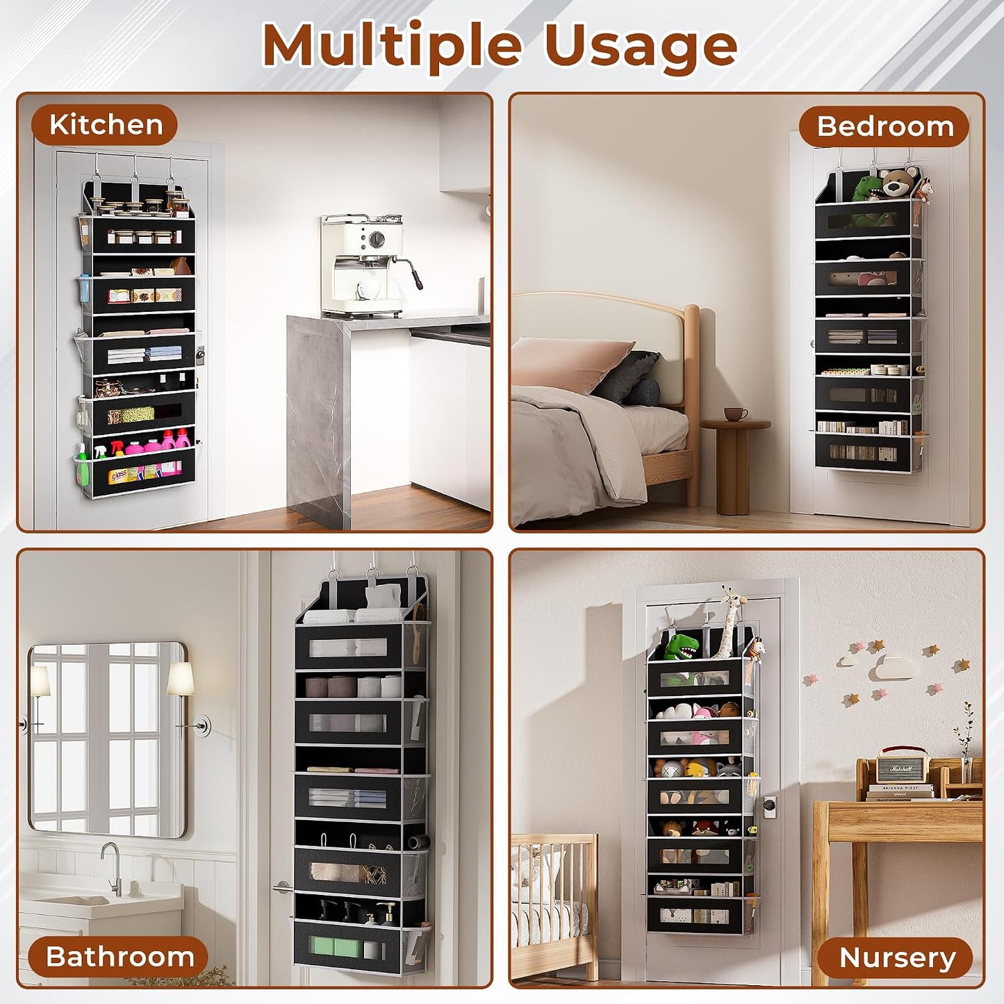 2 Pack 5 Tier Over The Door Organizer - Large Capacity Behind Door Hanging Shelves with 10 Mesh Pockets and Clear Windows, Closet Organizers and Storage for Bathroom, Bedroom, Nursery, Grey