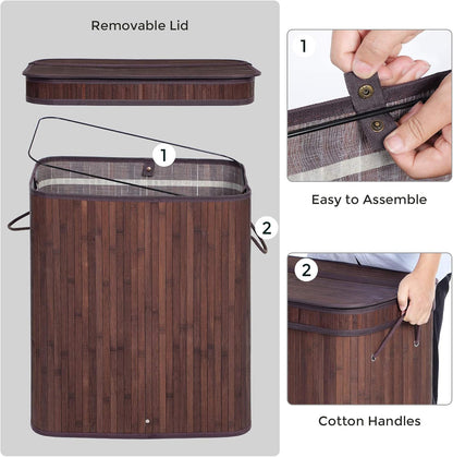 SONGMICS Laundry Hamper with Lid, Bamboo Launry Basket with Handles, Foldable Storage Basket for Laundry Room, Bedroom, 100L, Brown ULCB063K02