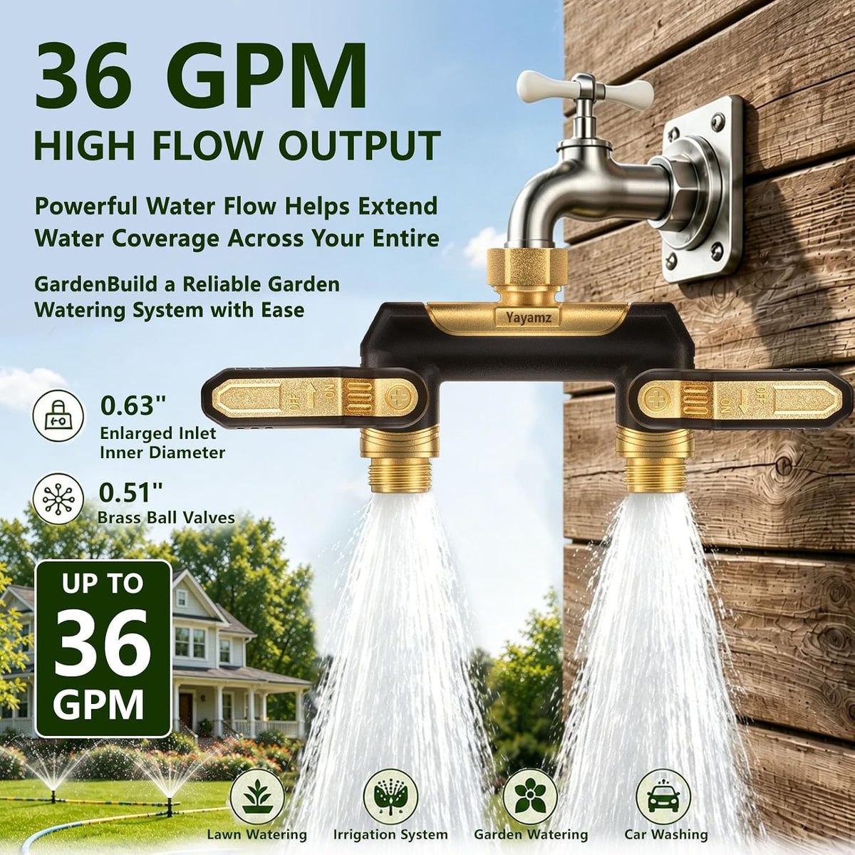 Garden Hose Splitter 2 Way,Heavy Duty All Metal Water Hose Y Splitter | Shut Off Valves,3.6" Easy-Turn Handles,Full Flow Leak-Resistant 3/4" GHT Outdoor Faucet Splitter for Lawn,Garden & Irrigation