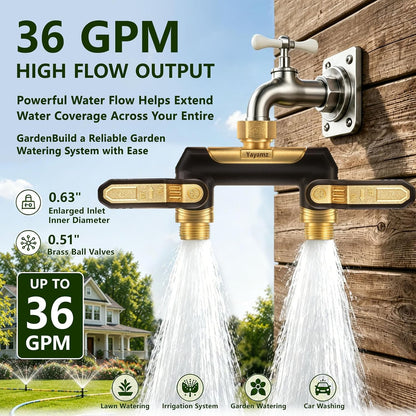 Garden Hose Splitter 2 Way,Heavy Duty All Metal Water Hose Y Splitter | Shut Off Valves,3.6" Easy-Turn Handles,Full Flow Leak-Resistant 3/4" GHT Outdoor Faucet Splitter for Lawn,Garden & Irrigation
