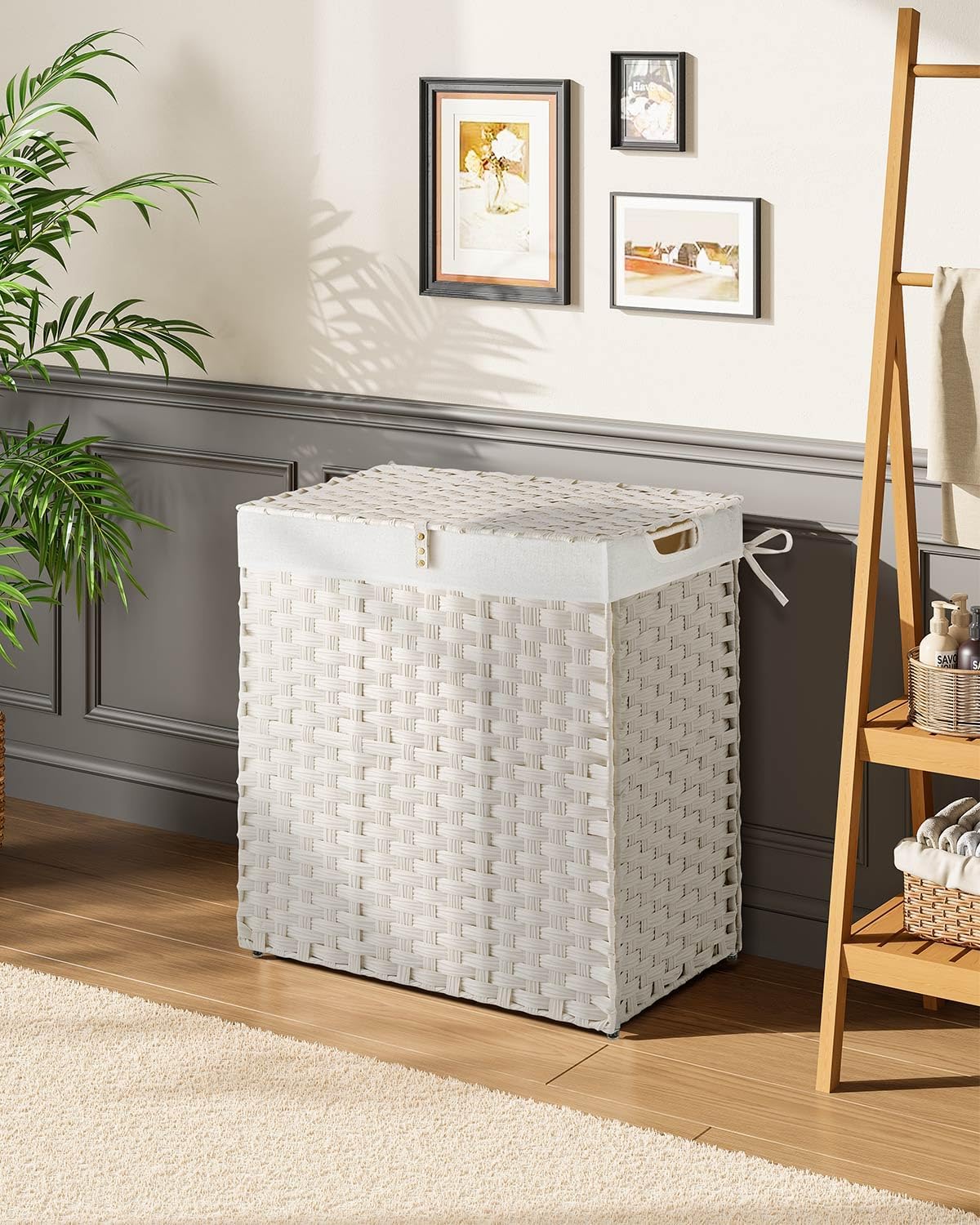 Greenstell Laundry Hamper with 2 Removable Liner Bags, Foldable Divided Clothes Hamper, 90L Handwoven Rattan Laundry Basket with Lid and Handles, No Assembly Needed, 18.3x13.3x24 Inches, Black