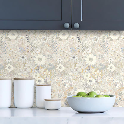 Wallpaper Peel and Stick Floral Wall Paper Removable Waterproof Gray/Yellow/Blue Contact Paper for Bedroom, Bathroom, Home Wall 17.3" x 118"