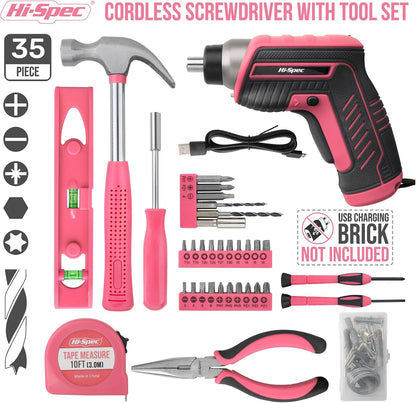 Hi-Spec Tool Kit with 3.6V USB Small Electric Screwdriver Set, Pink Drill Set for Women, Tool Kit for Home