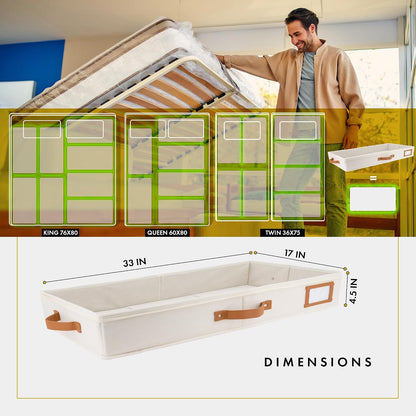 HOMELUX THEORY 2pc Low Profile Under Bed Storage Containers, Thin Under Couch Storage Organizer with Bins & Lids, Underbed Storage Box Ideal for Seasonal Clothes, Blankets, Fabric & Shoes (Ivory)