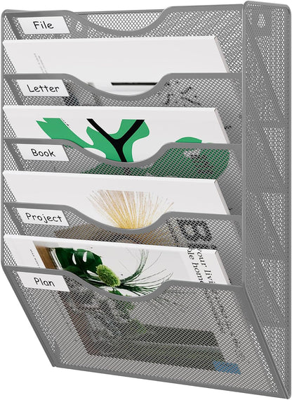 EasyPAG 5 Pocket Mesh Wall File Organizer with Key Hooks, Hanging Paper Folder Holder with Classify Label, Vertical Wall Mount Mail Organizer for Office Home Classroom, Black