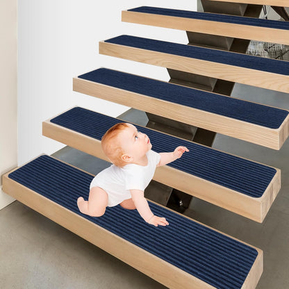 15 Pack 8 "X 30" Non-Slip Carpet Stair Treads for Indoor Wooden Steps, Made of Polyester and Reusable Adhesive, Suitable for Kids Elders and Pets（Black Lines）