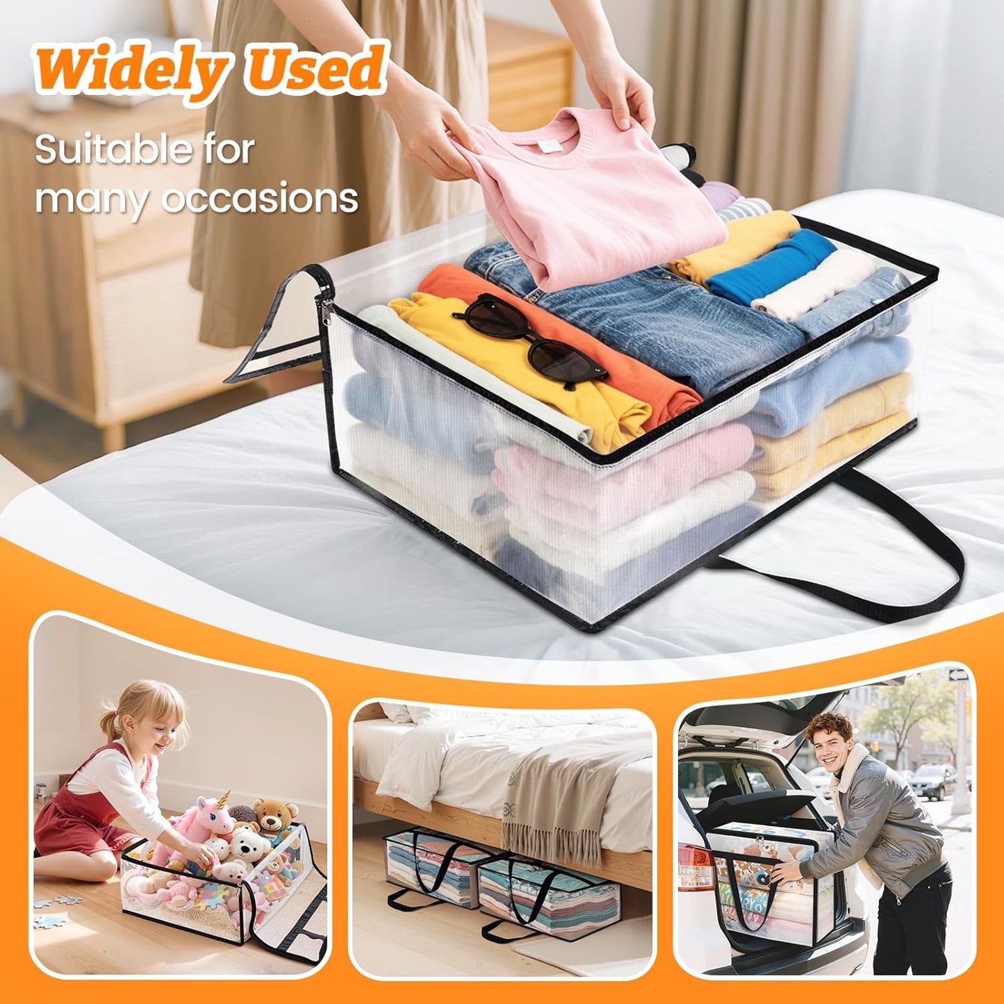 BlissTotes 4 Pack Clear Clothes Storage Bags, Moving Bags, Foldable Blanket Storage Under Bed Storage Containers with Sturdy Zipper and Handle for Clothing, Comforter, Bedding, Sheet (40L)