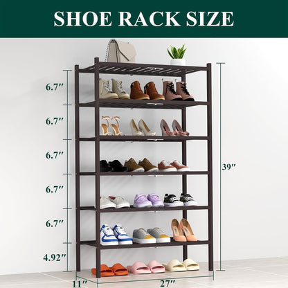Smiry Bamboo Shoe Rack, 3 Tier Free Standing Wooden Shoe Organizer, Stackable Wood Shoe Storage Shelf for Closet, Entryway, 12 Vertical Slats, 2+1 Stack Standard Legs, 26.8"x11"x19.5", Natural