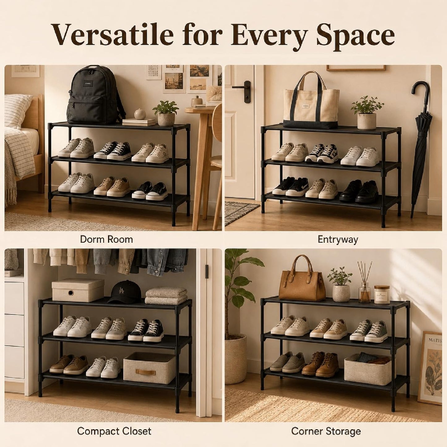 Shoe Rack - 3 Tier Non-Woven Shoe Rack Shelf, Shoe Organizer for Apartments, Dormitories, Closets, Entryways, Garages and Corridors, Stackable Shoe Shelves, Black
