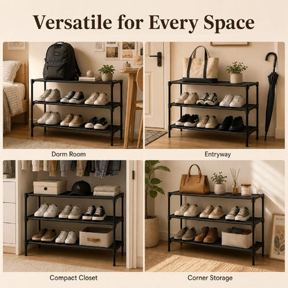 Shoe Rack - 3 Tier Non-Woven Shoe Rack Shelf, Shoe Organizer for Apartments, Dormitories, Closets, Entryways, Garages and Corridors, Stackable Shoe Shelves, Black