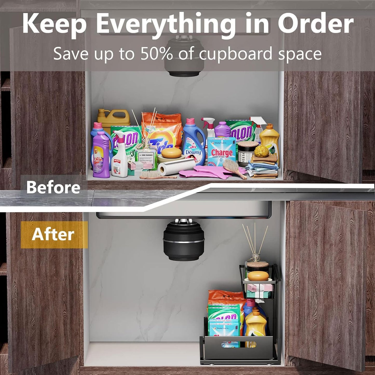 Ceetug Slide Out Under Sink Organizers and Storage, Black, 1 Pack | 2 Tier, Sturdy Metal, Cabinet Organizer, for Kitchen Bathroom