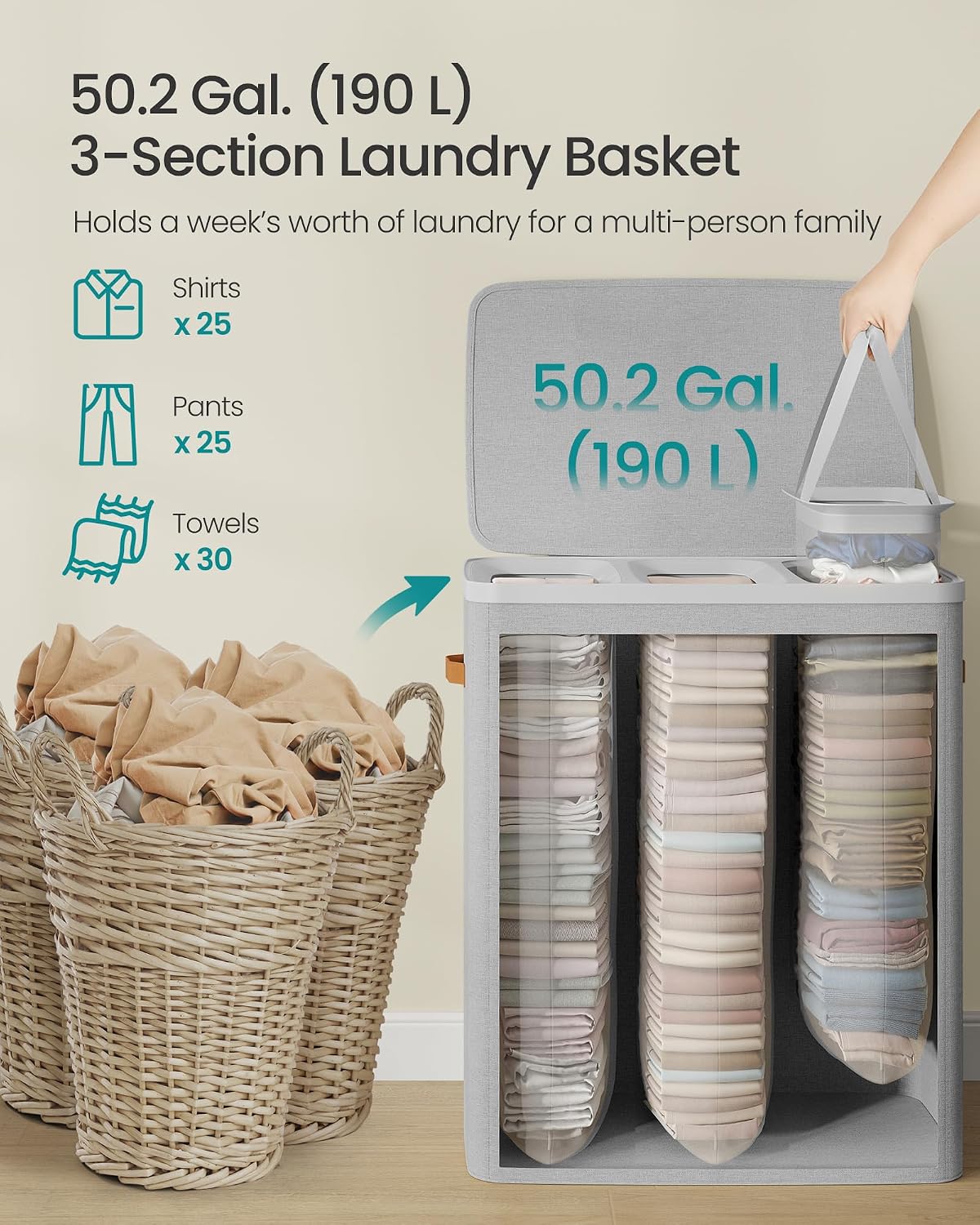 SONGMICS Laundry Basket, 50.2 Gal. Laundry Hamper, 3 Compartments, Easy Assembly, with Lid and Handles, Removable Liners, 25.2 x 15.7 x 29.5 Inches, Cappuccino Beige ULCB814LH01