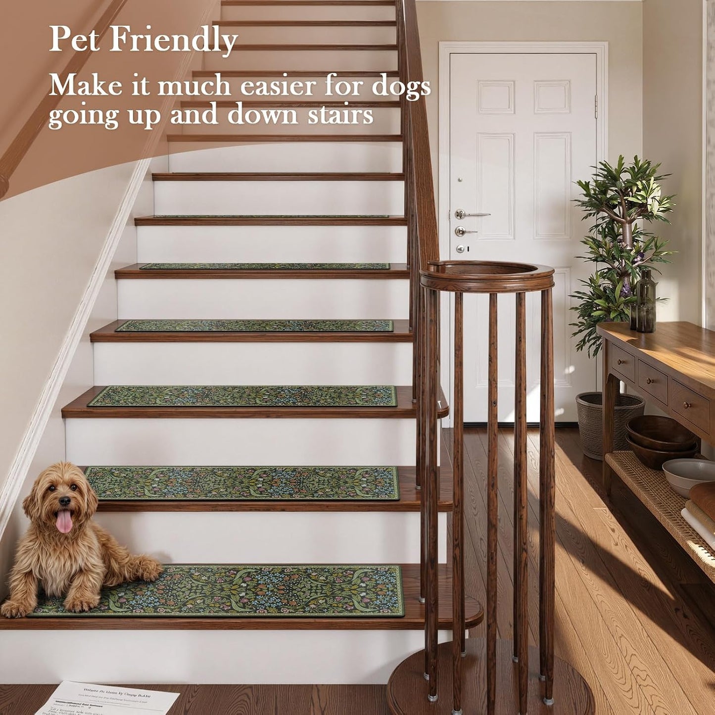 OJIA Floral Stair Treads Non-Slip Stair Runner for Wooden Steps Indoor 15PCS 30"x8" Carpet Stair Treads Stair Mats Staircase Step Treads for Kids, Elders and Dogs, Stair Covers, Black