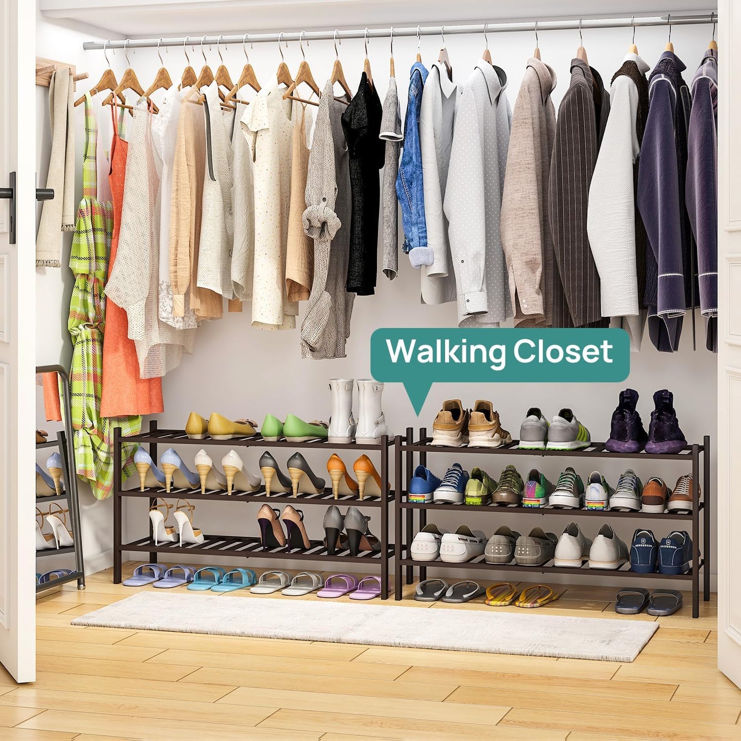 viewcare 3-Tier Black Bamboo Shoe Rack for Entryway, Stackable | Foldable | Natural, Shoe Shelf Storage Organizer for Hallway Closet, Free Standing Shoe Racks for Indoor Outdoor