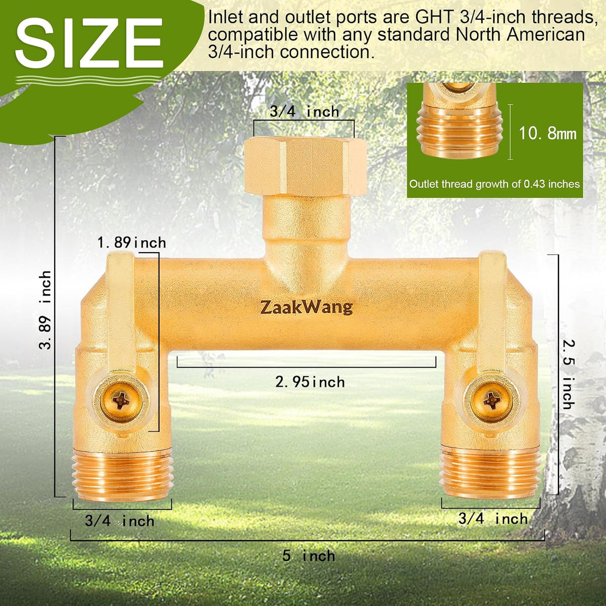 Heavy Duty Brass 2-Way Garden Hose Splitter, 3/4" GHT Threads, Metal Shutoff Valve, Long Handle