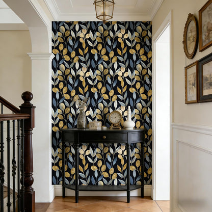 Blue Gold Leaf Peel and Stick Wallpaper Modern Self Adhesive Contact Paper Waterproof Removable Wall Paper for Bathroom Living Room 17.7"x70.8" Luxury Decorative Wallpaper