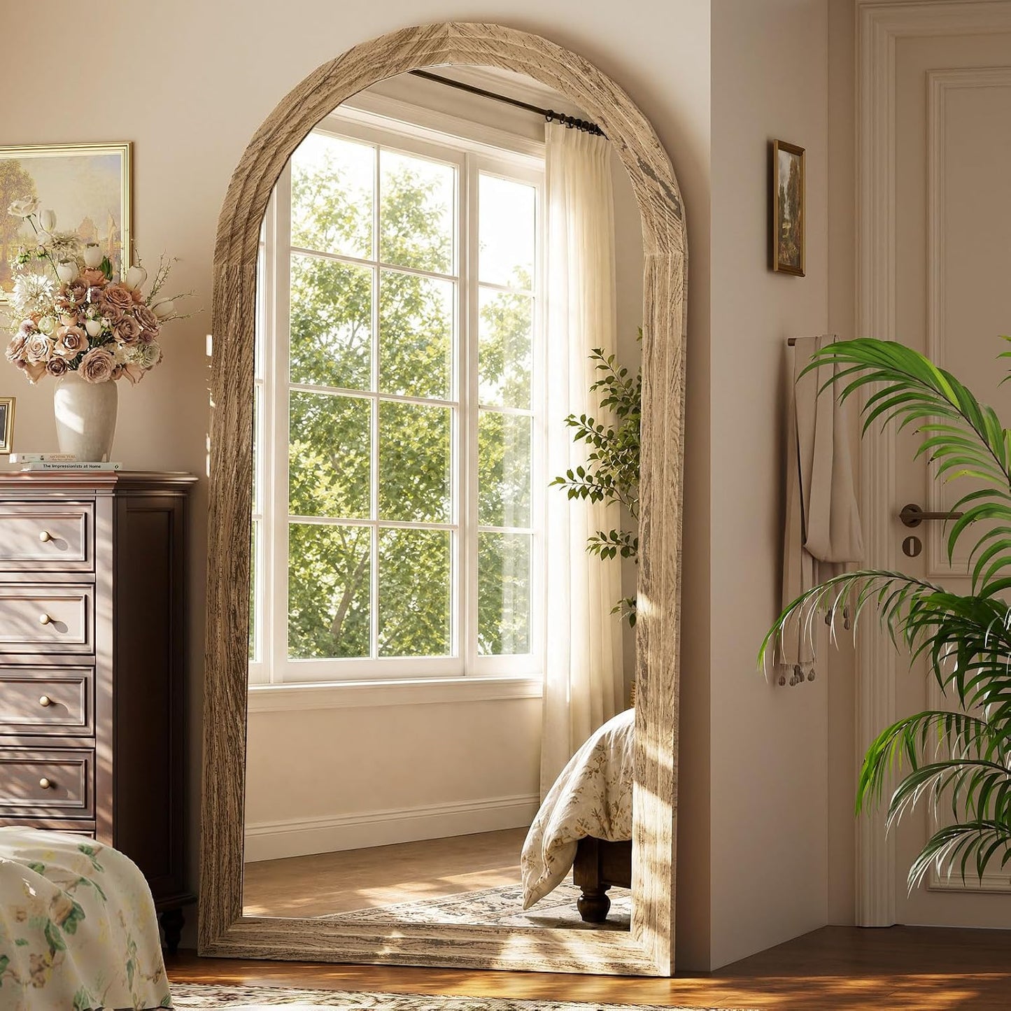 XRAMFY Full Length Mirror 65" x 22", Arched Large Floor Mirror with Solid Wood Frame, Freestanding & Wall Mounted, Antique Brown Finish for Bedroom Living Room