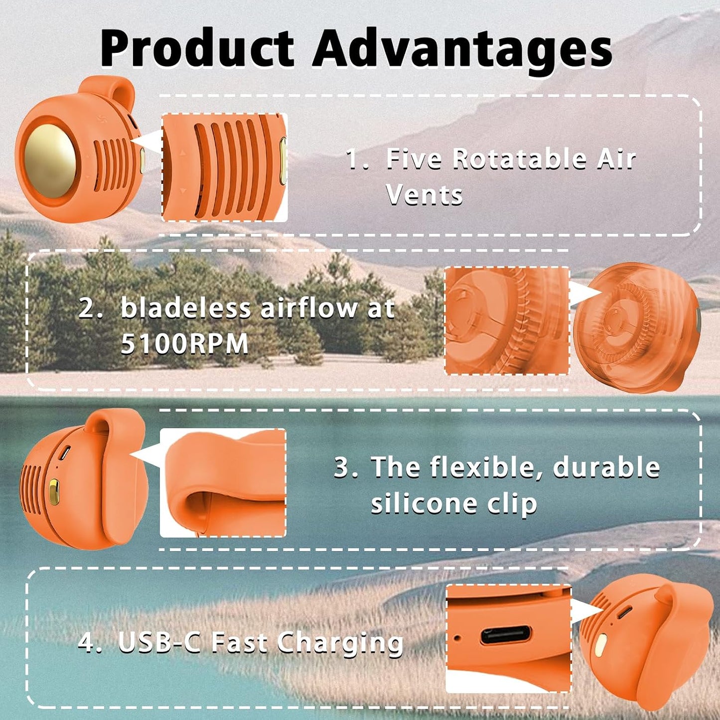 Portable Clip-On Fan, Mini USB Rechargeable 360° Rotatable Fan, Personal Fan 3-Speed Silent Mini Bladeless Fans