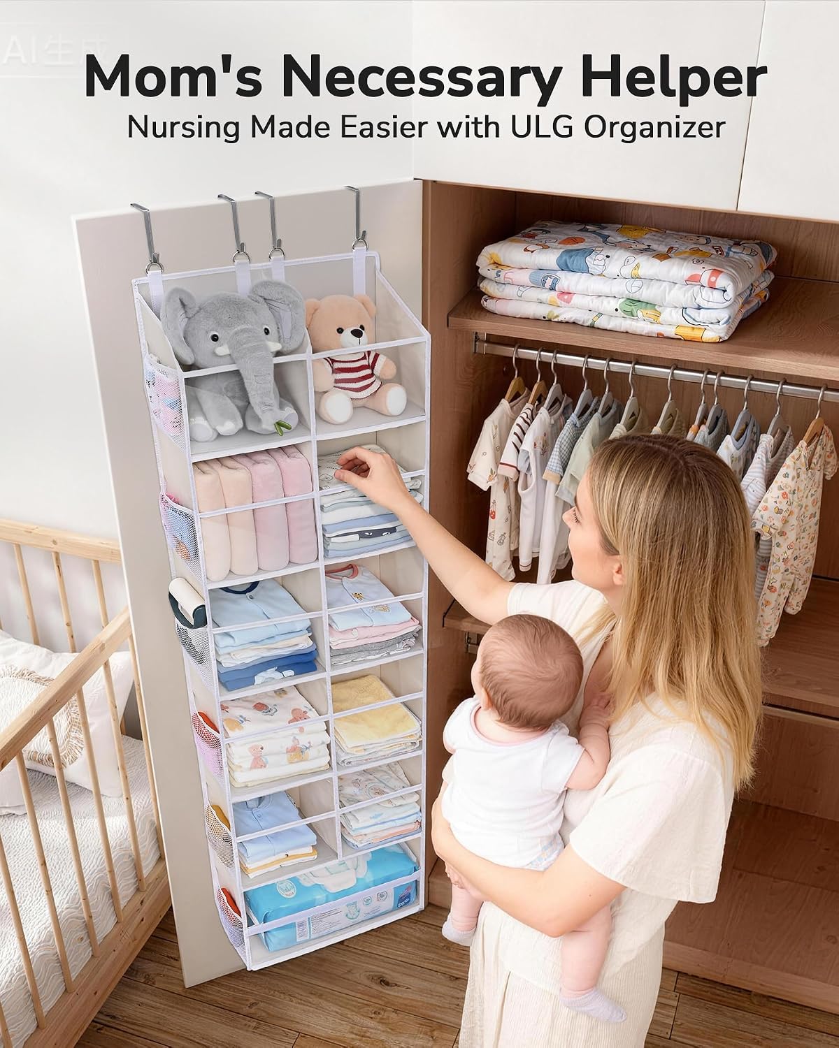 ULG Over the Door Organizer, 5-Tier Extra Large Hanging Storage with 10 Mesh Pockets, 100 lbs Capacity, Heavy Duty Door Organizer for Closet, Bedroom, Nursery Storage, Beige