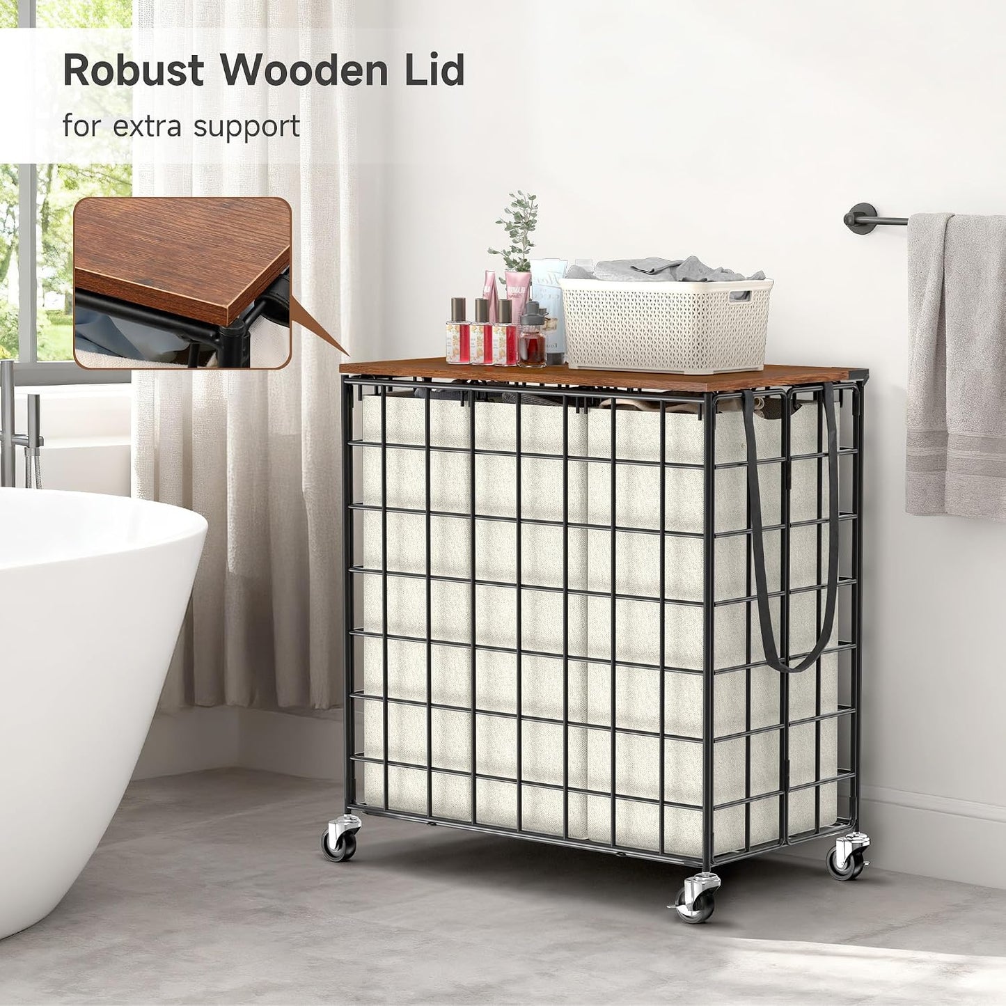 Laundry Basket with Wheels, Heavy Duty Laundry Sorter 3 Sections, 140L (37Gal.) Large Capacity Laundry Hamper with Wood Lid, 360 Rolling Wheels, Extra Side Pocket, Leather Pull Handle (Beige)