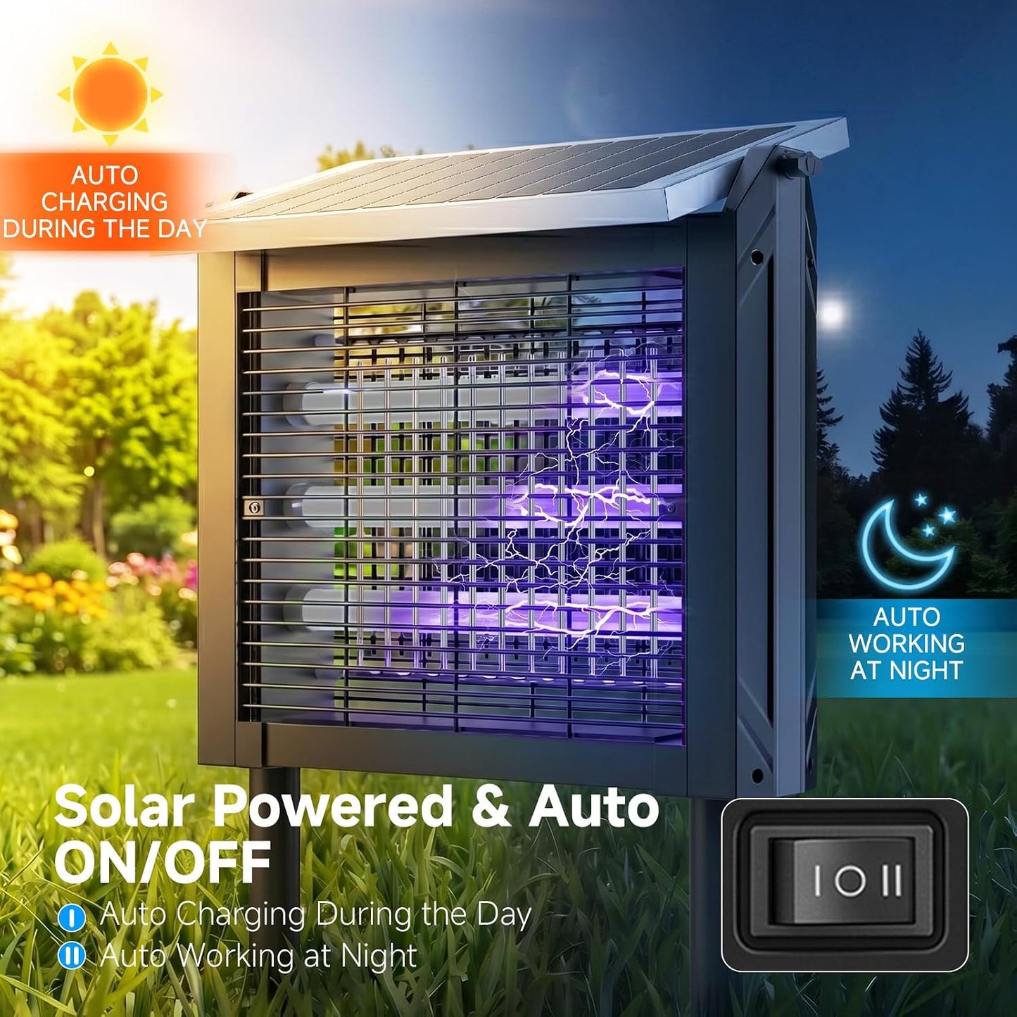 Solar Powered Bug Zapper Outdoor, 4500V Mosquito Trap with 10W Solar Panel, Fly Trap & Mosquito Killer, 10FT Extension Cord, IPX5 Waterproof, 2100 Sq.Ft Coverage for Patio, Backyard, Garden