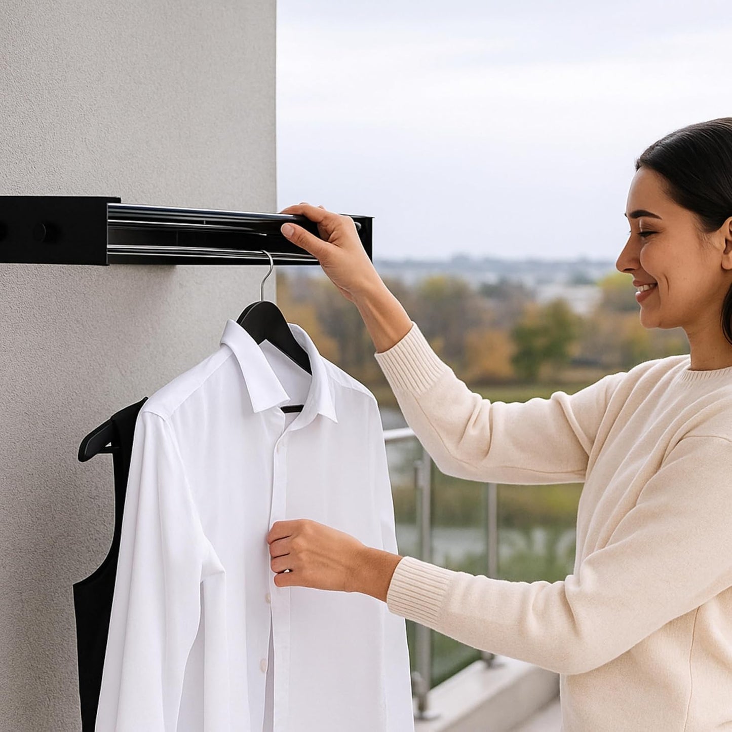 Wall Mounted Drying Racks for Laundry (31.5 Inches Wide) – Retractable Clothes Drying Rack wall Mounted with Carbon Steel Panel 6 Knobs & 5 Aluminium rods, Wall Drying Rack with Screws (Black)