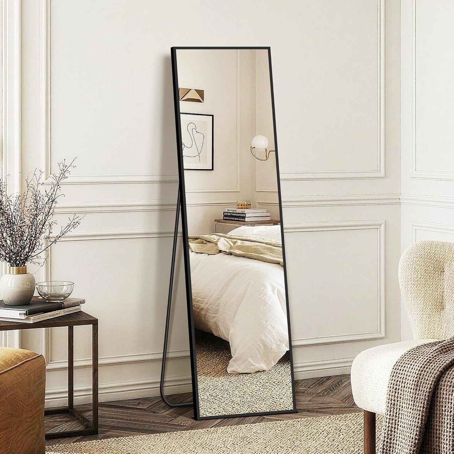 FICTOR Full Length Mirror with Stand, Floor Standing Mirror Full Body, HD Shatterproof Black Frame Wall Mirror for Bedroom, Living Room, Dressing Room & Entryway, 56"x15"