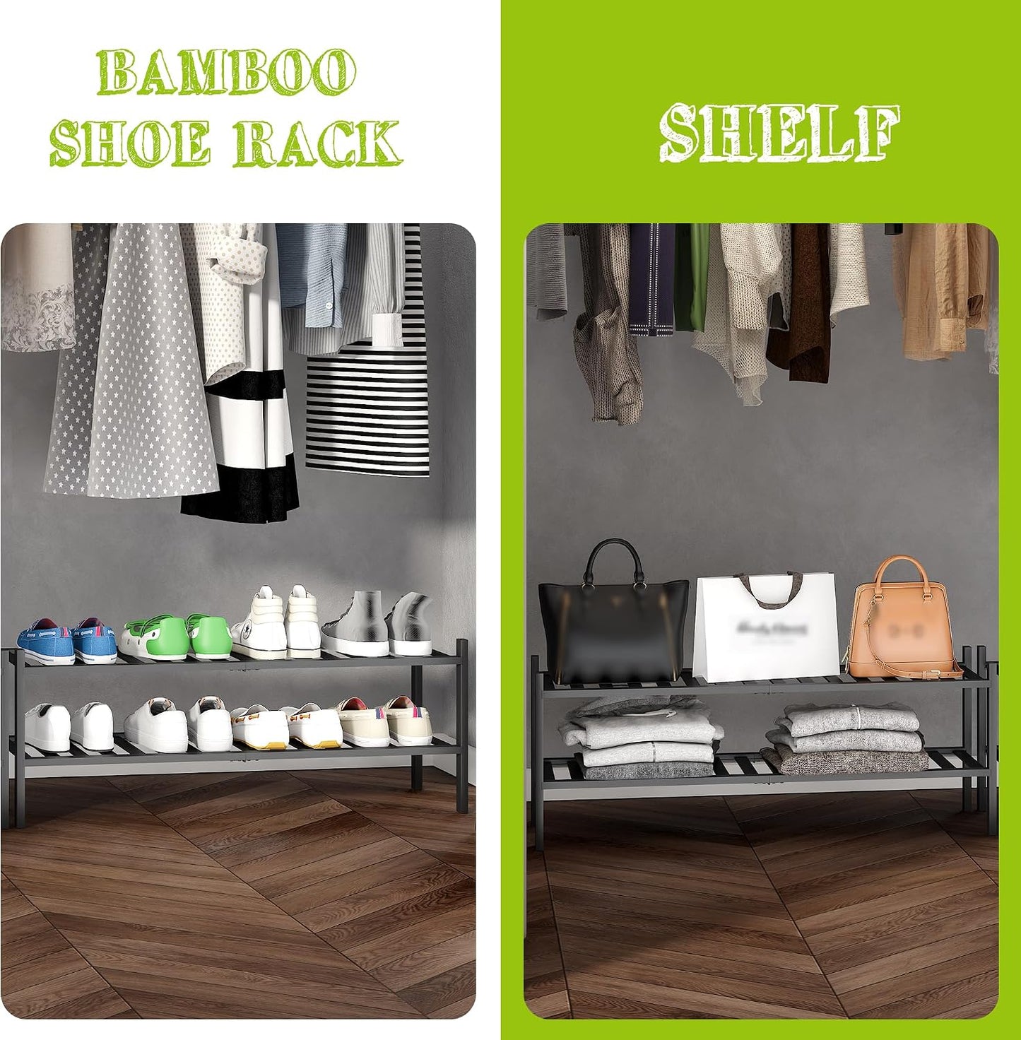 BMOSU 2-Tier Bamboo Small Shoe Rack Premium Stackable Shoe Shelf Storage Organizer for Hallway Closet Living Room Entryway Organizer (Black Bamboo)