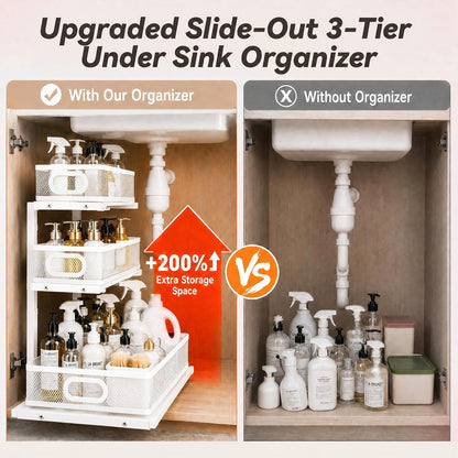 3-Tier Under Sink Organizer 2-Pack Thickened Metal Pull out Cabinet Shelf Height Adjustable Slide Out Drawer Storage Rack for Bathroom Kitchen Pantry Laundry Home Office Organization (Black)