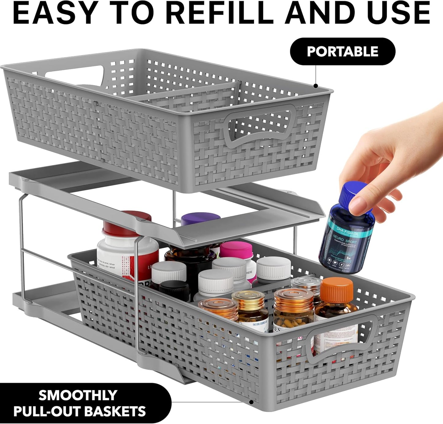 Simple Houseware 2 Tier Bathroom Organizer Tray Pull-Out Sliding Drawer/Under-Sink Storage, Clear
