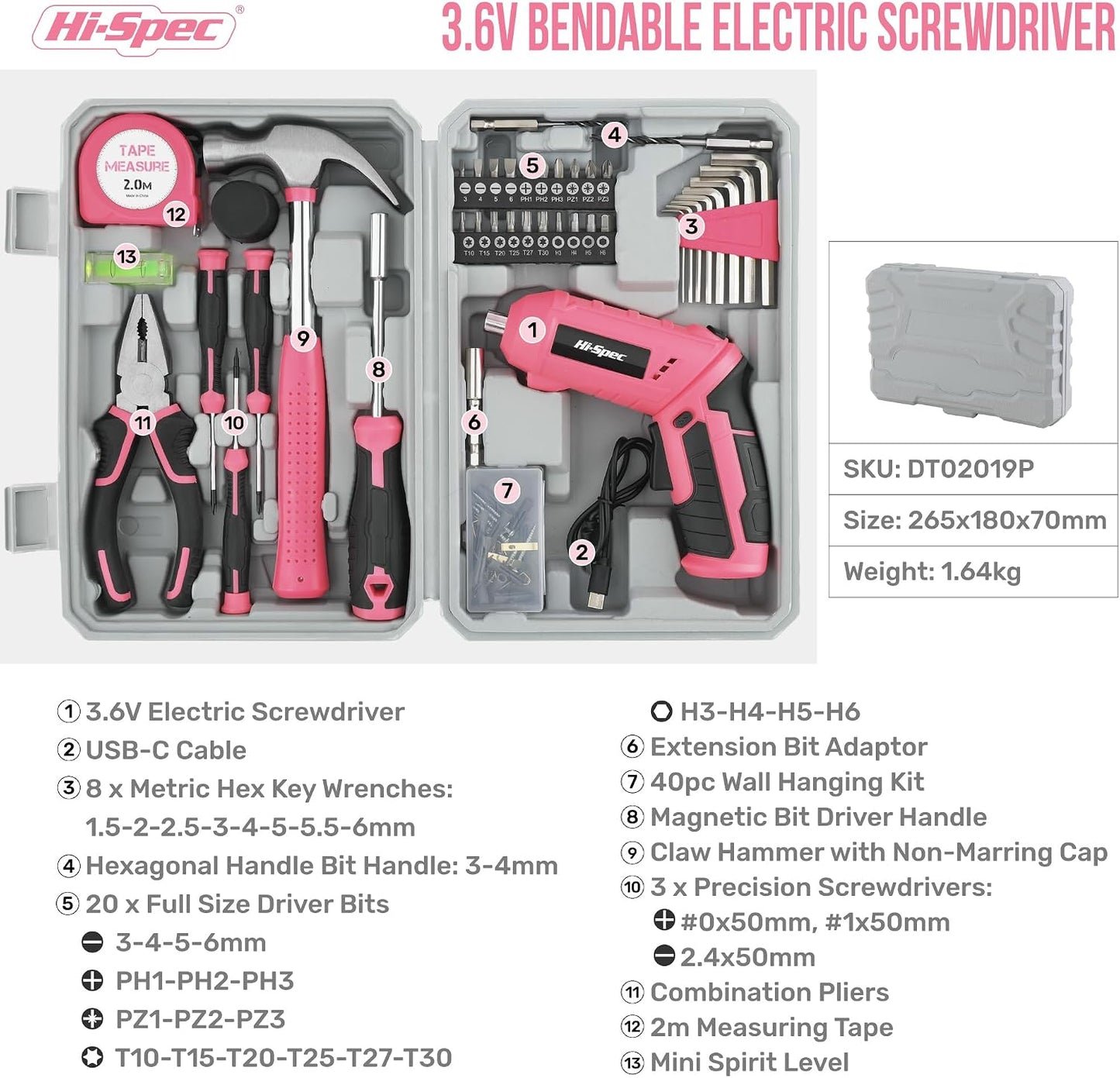 Hi-Spec 4V Electric Screwdriver Tool Kit Set. Cordless USB Rechargeable Screwdriver with Home Repair Tools. 42pc Compact Portable Case, DIY Kit for Beginners and the Household - Green