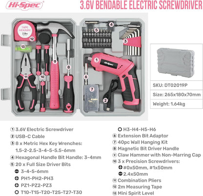 Hi-Spec 4V Electric Screwdriver Tool Kit Set. Cordless USB Rechargeable Screwdriver with Home Repair Tools. 42pc Compact Portable Case, DIY Kit for Beginners and the Household - Green