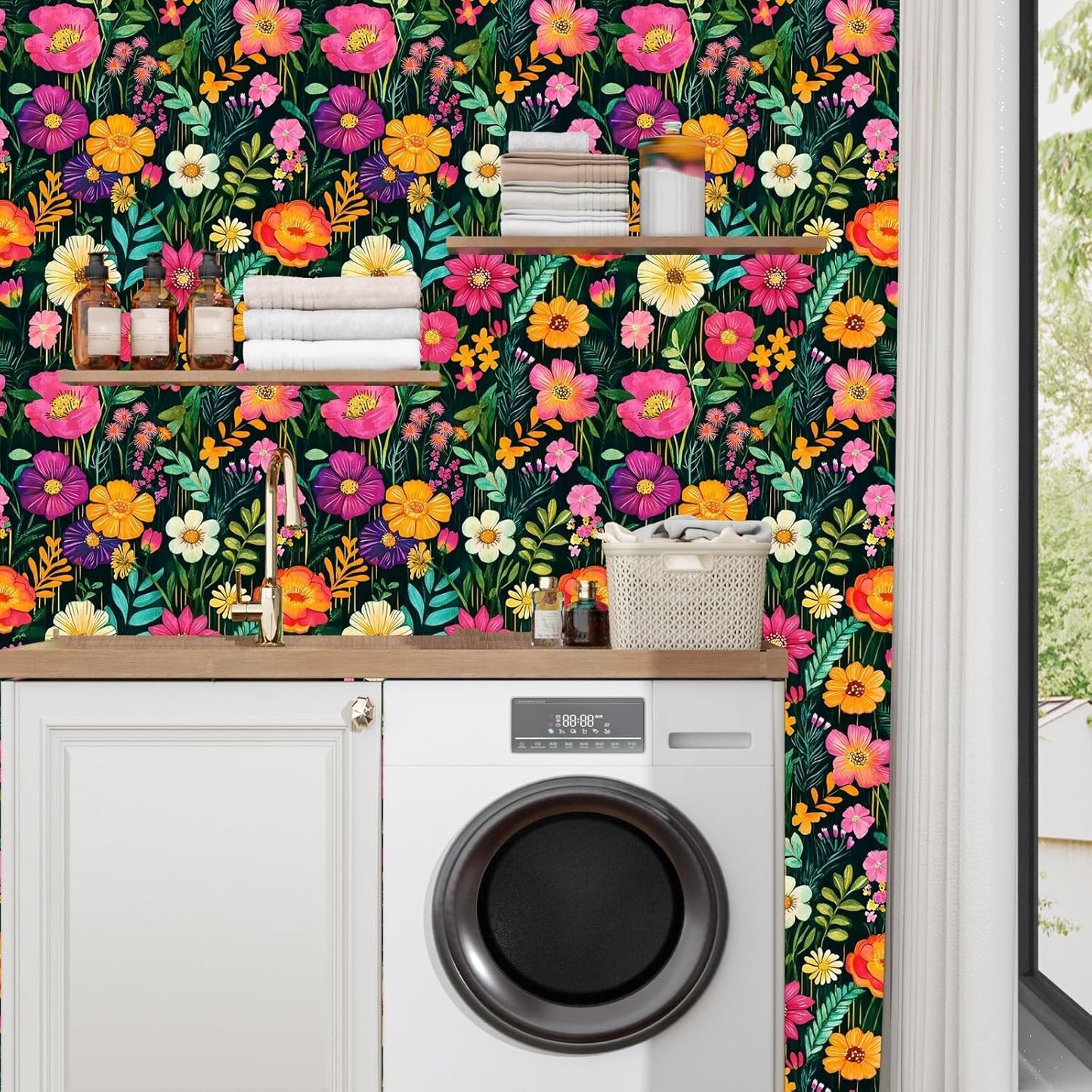 BOKEBEVE Watercolour Floral Peel and Stick Wallpaper Boho Vibrant Contact Paper Renter Friendly Wall Paper for Countertop Cabinet Wall Shelf Liner Removable Blue Colorful 17.5 x 118In