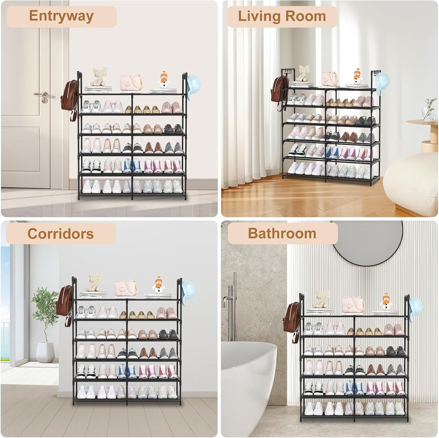 3 Row 4 Tier Long Shoe Rack, Black Metal Stackable Shoe Shelf with Multifunctional Hooks, Shoe Storage Hold 24-30 Pairs, Space Saving Shoe Organizer for Closet,Wide Shoe Rack
