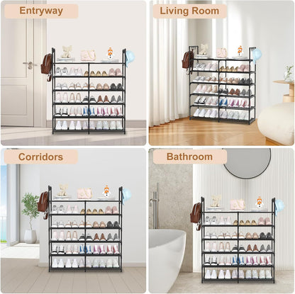 3 Row 4 Tier Long Shoe Rack, Black Metal Stackable Shoe Shelf with Multifunctional Hooks, Shoe Storage Hold 24-30 Pairs, Space Saving Shoe Organizer for Closet,Wide Shoe Rack