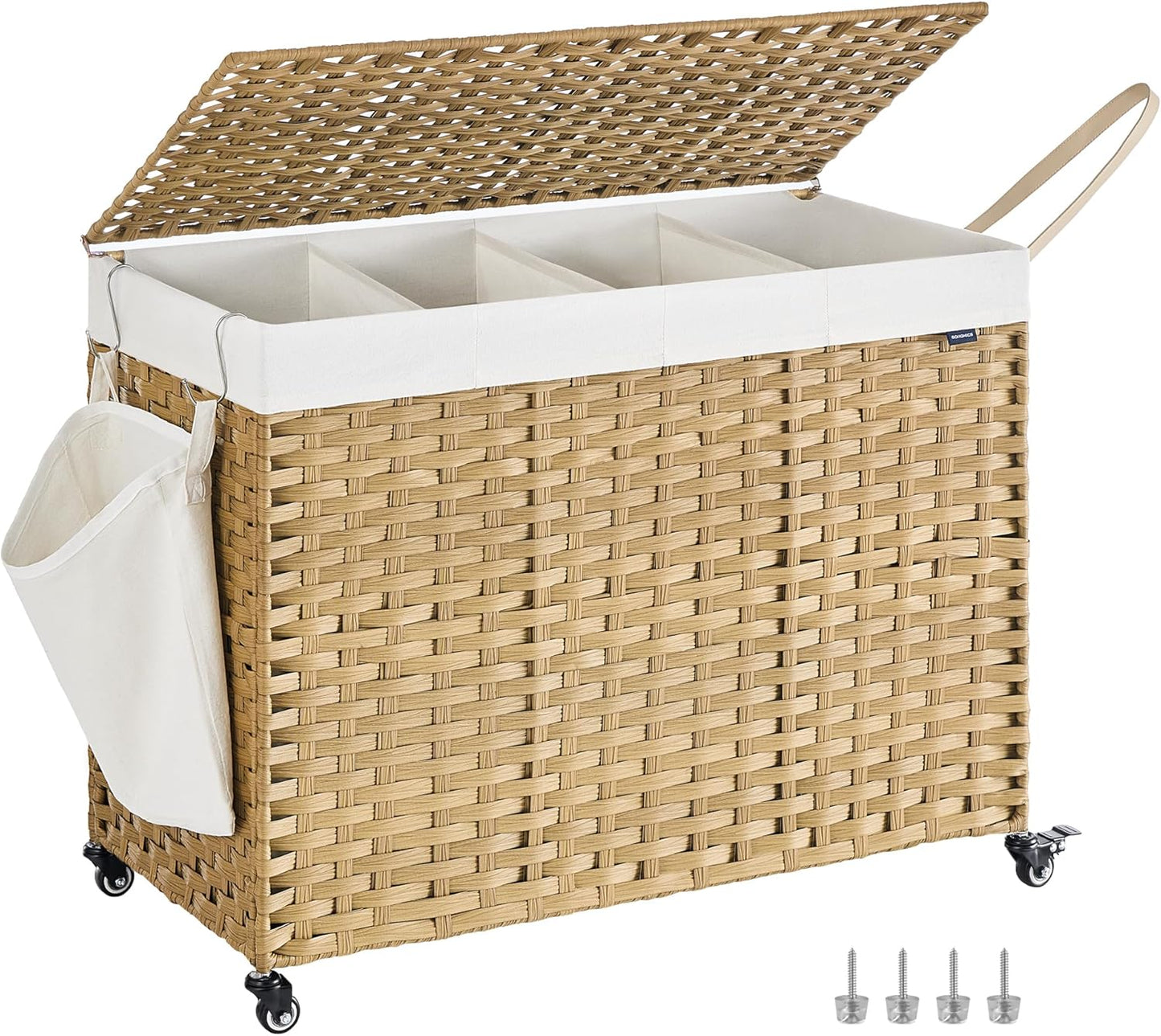 SONGMICS Laundry Hamper with Lid, 37 Gallons (140 L), Rolling Laundry Basket with Wheels, 3-Section Synthetic Rattan, Removable Liner, Bedroom, 26 x 13 x 26 Inches, Gray ULCB363G01