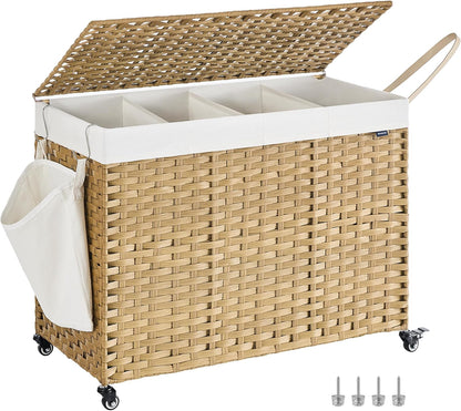 SONGMICS Laundry Hamper with Lid, 37 Gallons (140 L), Rolling Laundry Basket with Wheels, 3-Section Synthetic Rattan, Removable Liner, Bedroom, 26 x 13 x 26 Inches, Gray ULCB363G01