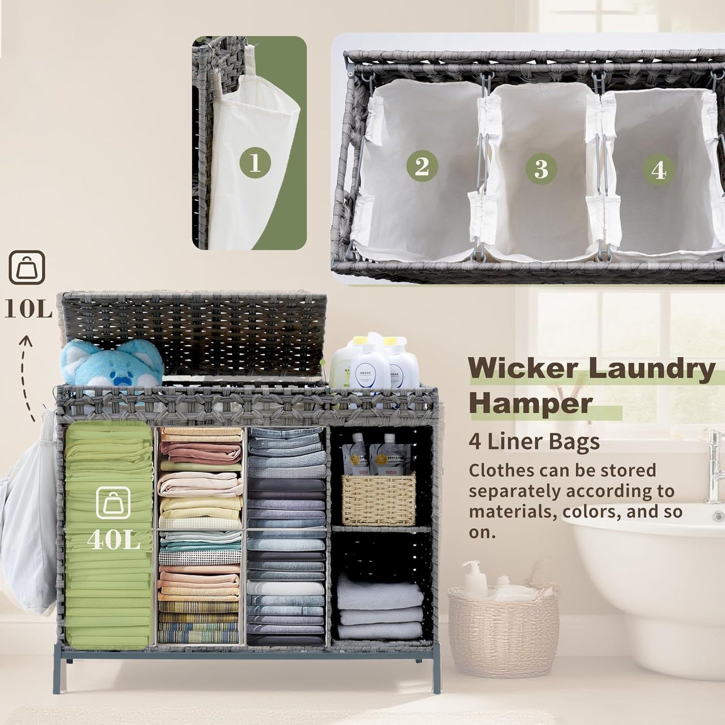 Gitelsnour Laundry Hamper with Lid, 110L (29.1 Gal) Rattan Laundry Hamper 2 Section with 50L (13.2 Gal) Storage Shelf, Wicker Woven Laundry Sorter Basket with 3 Liner Bags and Handles, Brown GLH002BR
