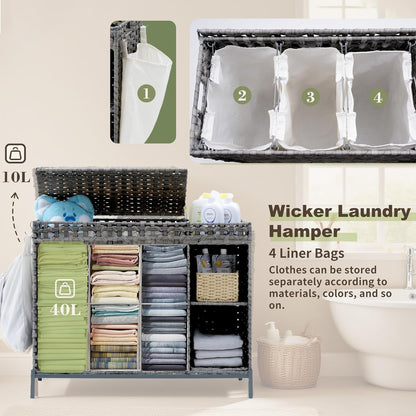 Gitelsnour Laundry Hamper with Lid, 110L (29.1 Gal) Rattan Laundry Hamper 2 Section with 50L (13.2 Gal) Storage Shelf, Wicker Woven Laundry Sorter Basket with 3 Liner Bags and Handles, Brown GLH002BR